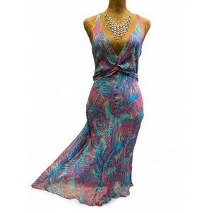 Y2K Fairy Festival Rave Feminine Silk Tropical Travel Midi Dress Deep V Plunge